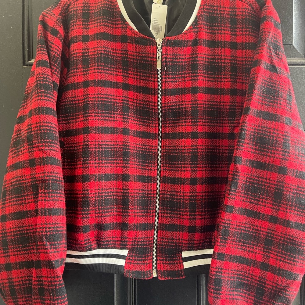 Red and Black Plaid Bomber Jacket